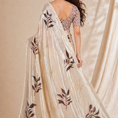 Elegant Beige Leaf Print Chiffon Silk Saree