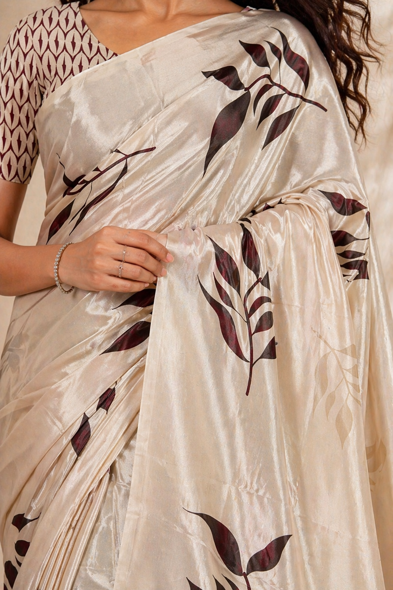 Elegant Beige Leaf Print Chiffon Silk Saree
