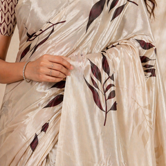 Elegant Beige Leaf Print Chiffon Silk Saree
