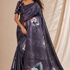 Elegant Charcoal Floral Print Chiffon Silk Saree