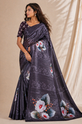 Elegant Charcoal Floral Print Chiffon Silk Saree