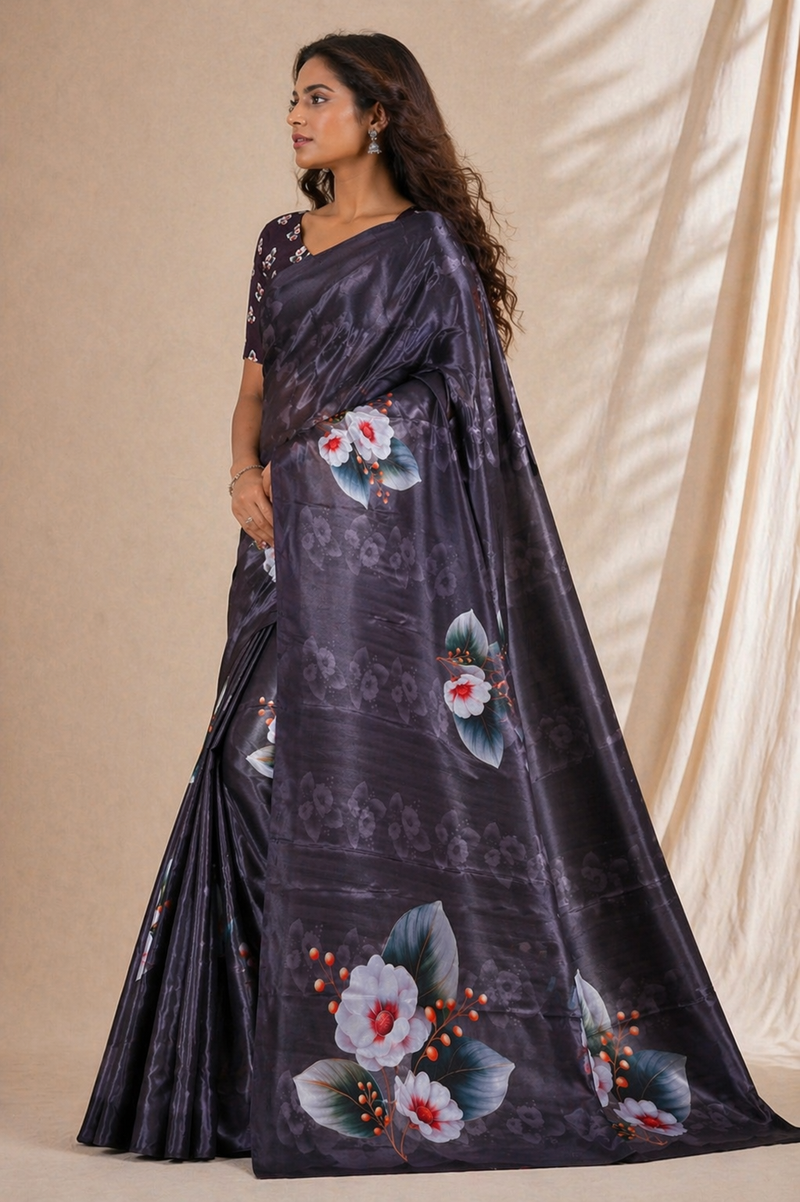 Elegant Charcoal Floral Print Chiffon Silk Saree
