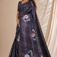 Elegant Charcoal Floral Print Chiffon Silk Saree