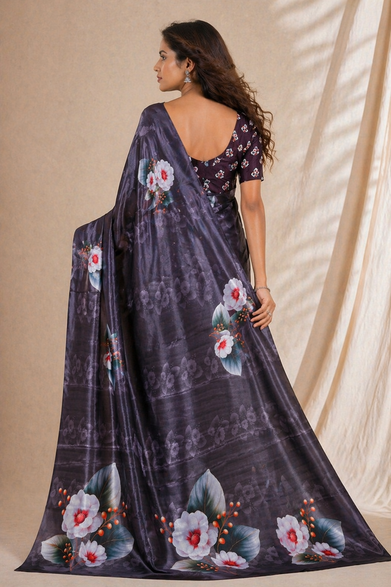 Elegant Charcoal Floral Print Chiffon Silk Saree