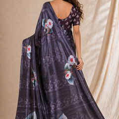 Elegant Charcoal Floral Print Chiffon Silk Saree