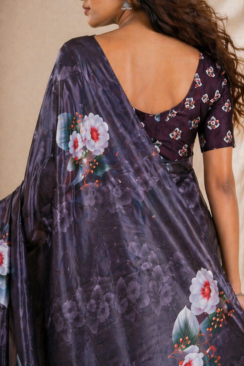 Elegant Charcoal Floral Print Chiffon Silk Saree