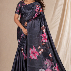 Elegant Black Floral Digital Print Chiffon Silk Saree