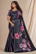 Elegant Black Floral Digital Print Chiffon Silk Saree