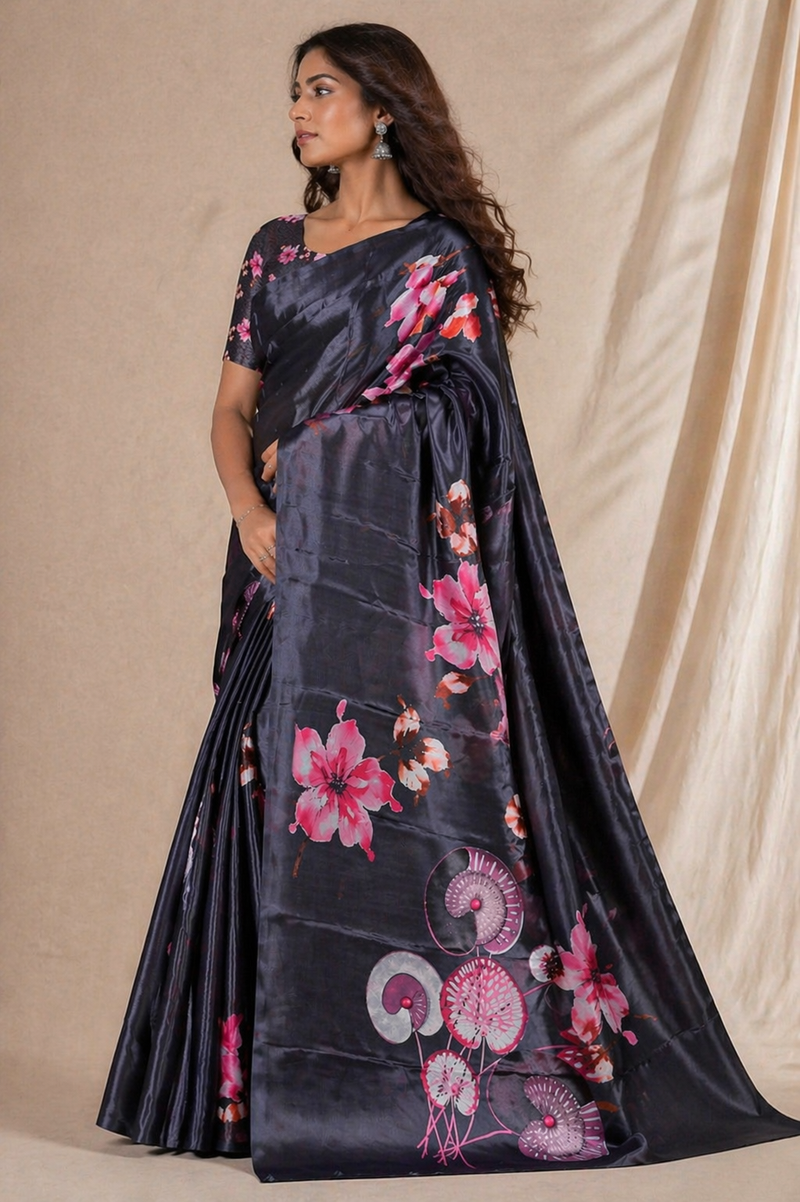 Elegant Black Floral Digital Print Chiffon Silk Saree