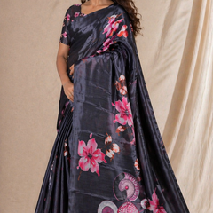 Elegant Black Floral Digital Print Chiffon Silk Saree