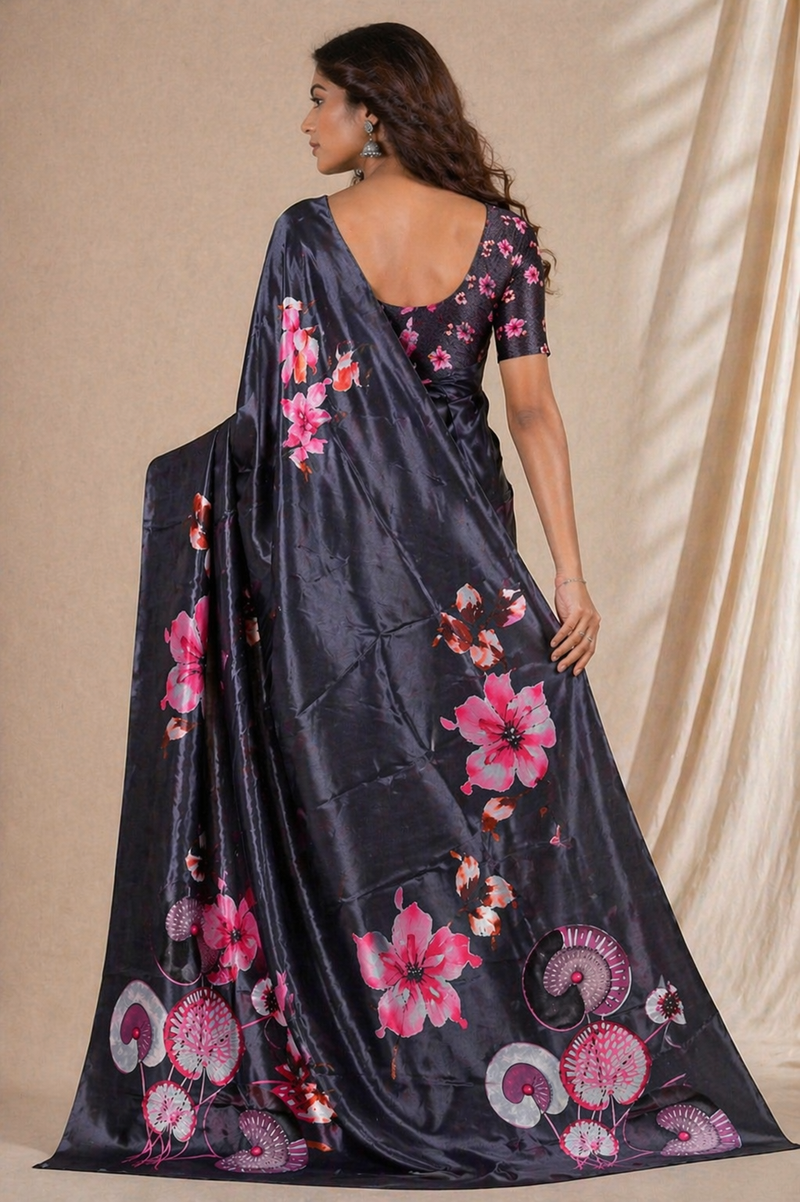 Elegant Black Floral Digital Print Chiffon Silk Saree