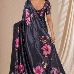 Elegant Black Floral Digital Print Chiffon Silk Saree