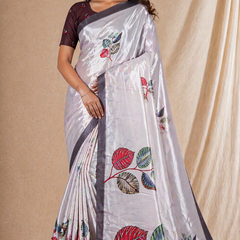 Silver Grey Leaf Print Silk Saree With Elegant Contrast Border