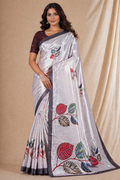 Silver Grey Leaf Print Silk Saree With Elegant Contrast Border