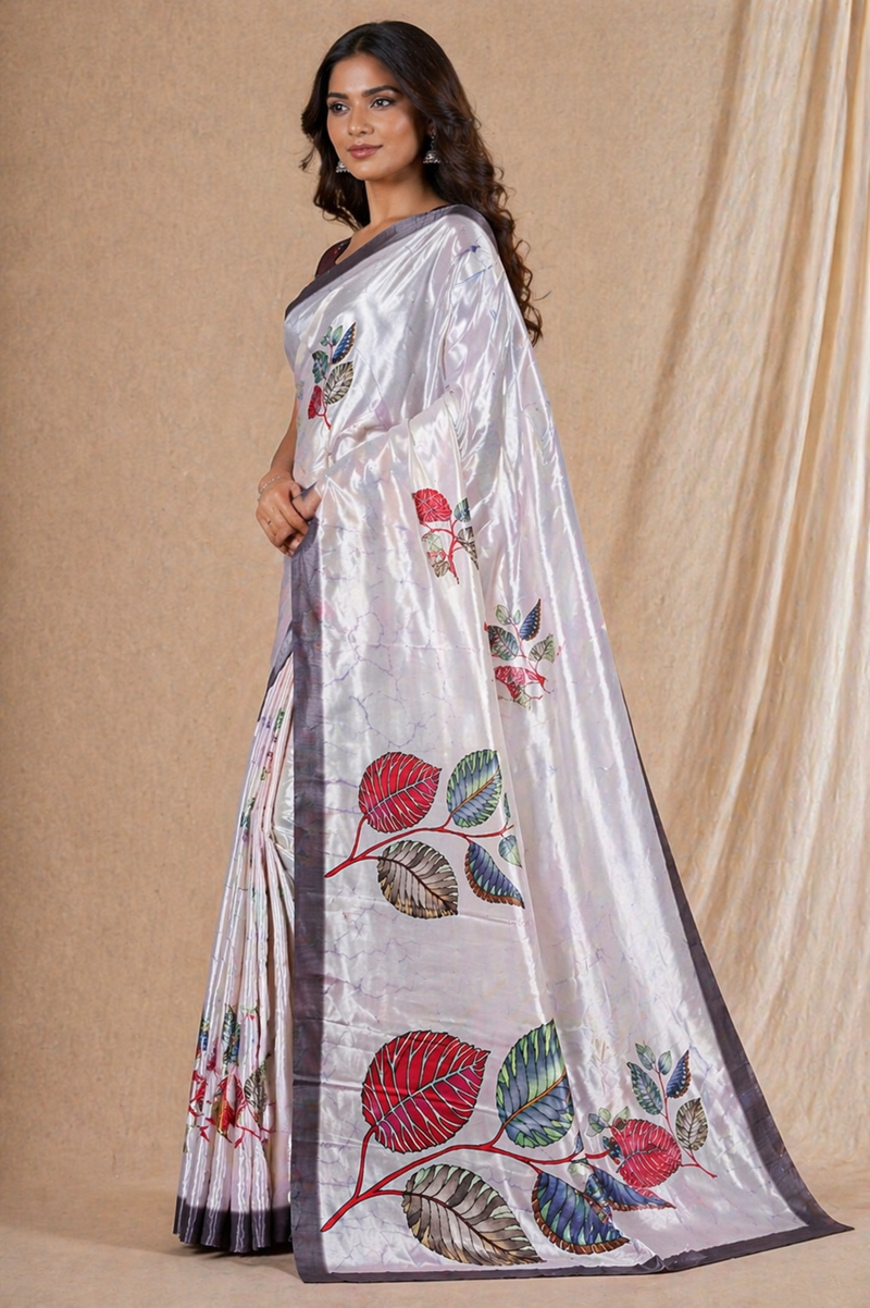 Silver Grey Leaf Print Silk Saree With Elegant Contrast Border