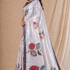 Silver Grey Leaf Print Silk Saree With Elegant Contrast Border
