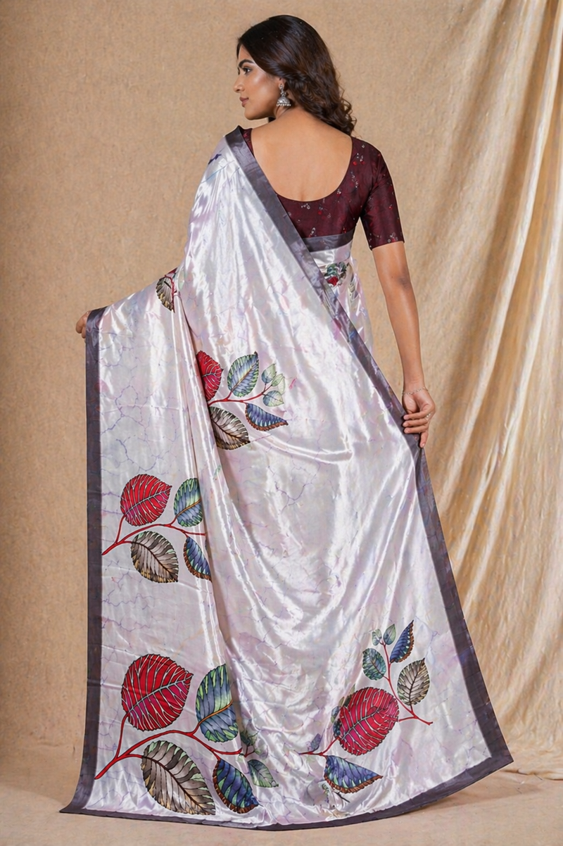 Silver Grey Leaf Print Silk Saree With Elegant Contrast Border