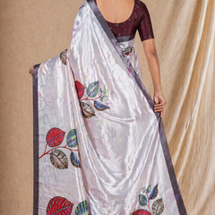 Silver Grey Leaf Print Silk Saree With Elegant Contrast Border
