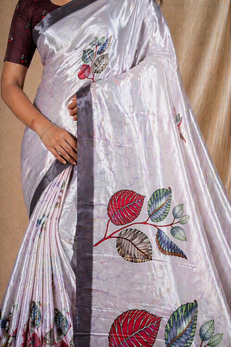 Silver Grey Leaf Print Silk Saree With Elegant Contrast Border
