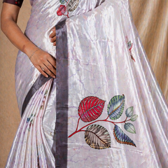 Silver Grey Leaf Print Silk Saree With Elegant Contrast Border