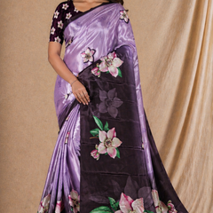 Lavender & Black Floral Print Chiffon Silk Saree With Contrast Pallu