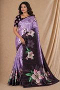 Lavender & Black Floral Print Chiffon Silk Saree With Contrast Pallu