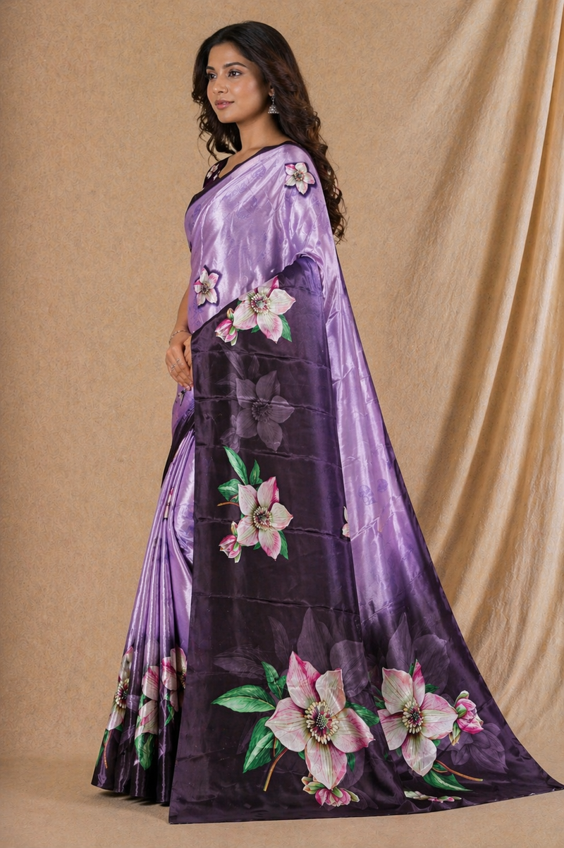 Lavender & Black Floral Print Chiffon Silk Saree With Contrast Pallu