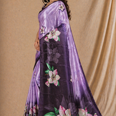 Lavender & Black Floral Print Chiffon Silk Saree With Contrast Pallu