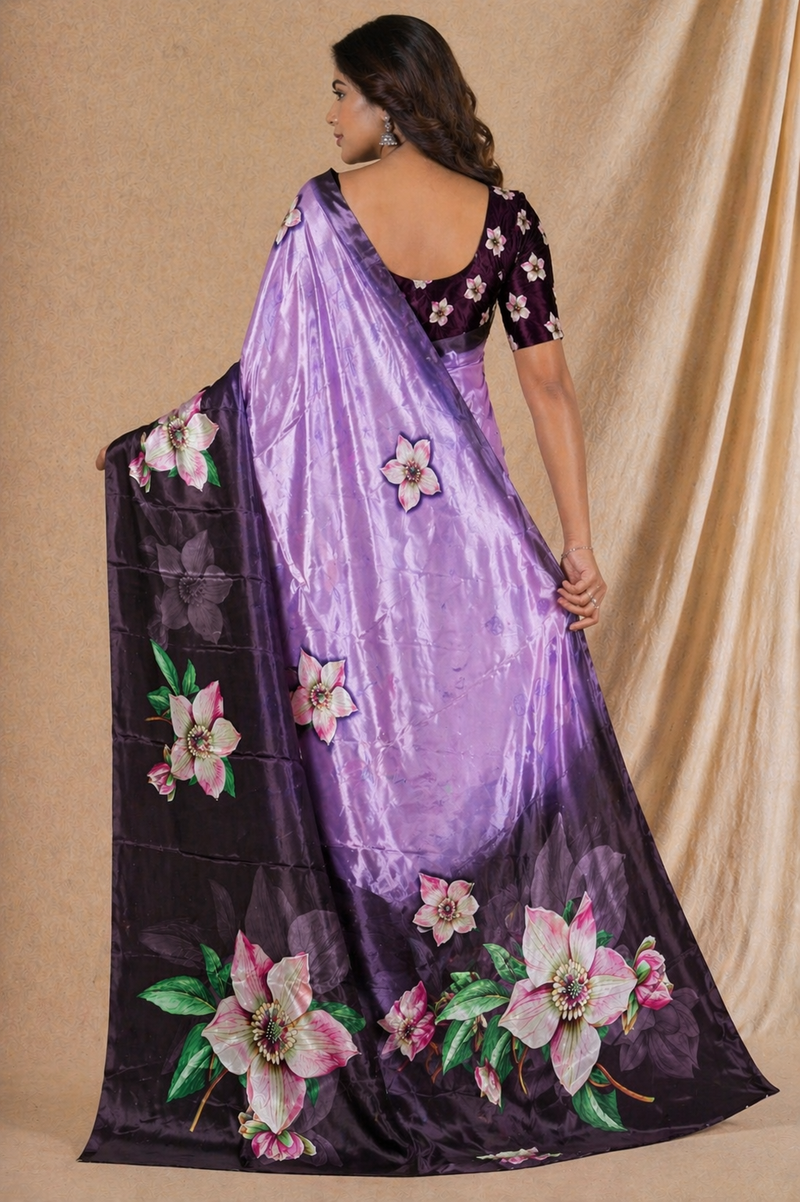Lavender & Black Floral Print Chiffon Silk Saree With Contrast Pallu