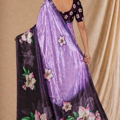 Lavender & Black Floral Print Chiffon Silk Saree With Contrast Pallu