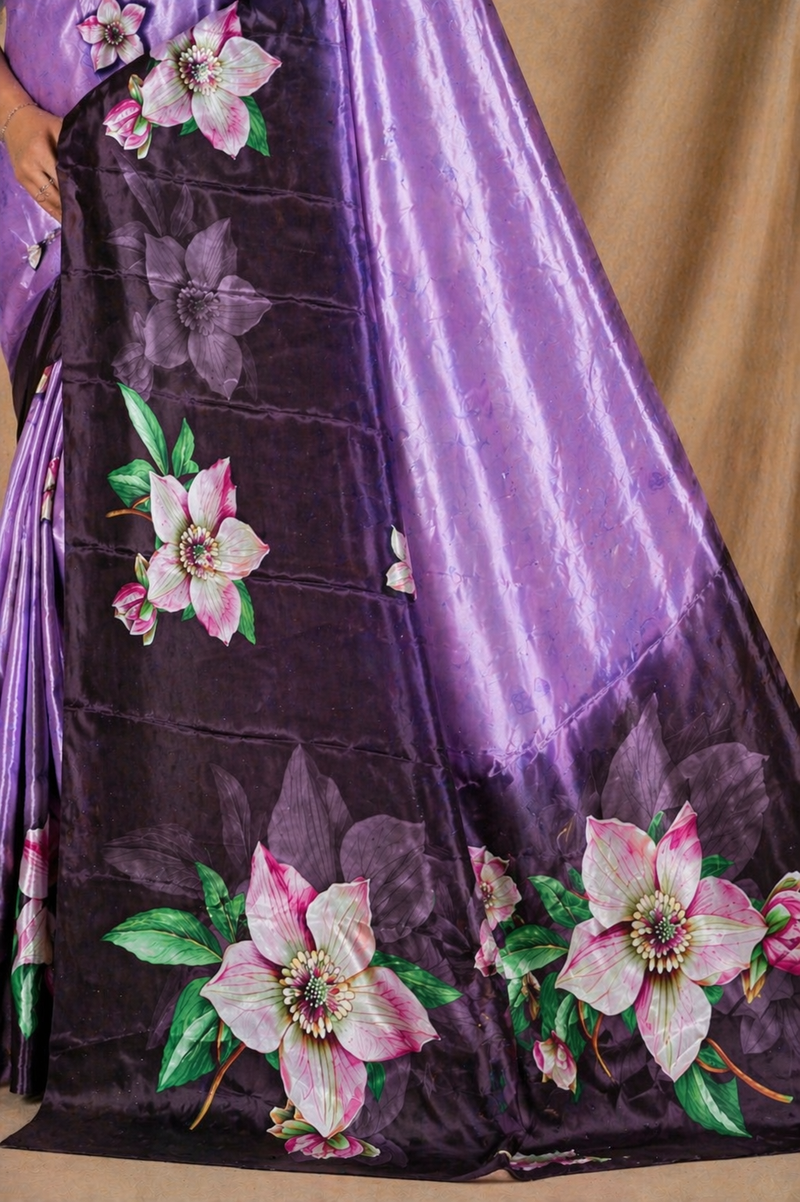 Lavender & Black Floral Print Chiffon Silk Saree With Contrast Pallu
