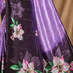 Lavender & Black Floral Print Chiffon Silk Saree With Contrast Pallu