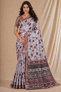 Elegant Beige Printed Silk Saree With Ethnic Border Design