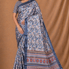Elegant Steel Blue Printed Silk Saree With Geometric & Ethnic Border