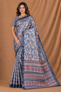 Elegant Steel Blue Printed Silk Saree With Geometric & Ethnic Border