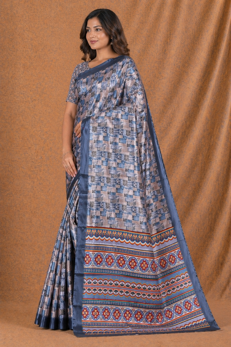 Elegant Steel Blue Printed Silk Saree With Geometric & Ethnic Border