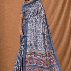 Elegant Steel Blue Printed Silk Saree With Geometric & Ethnic Border