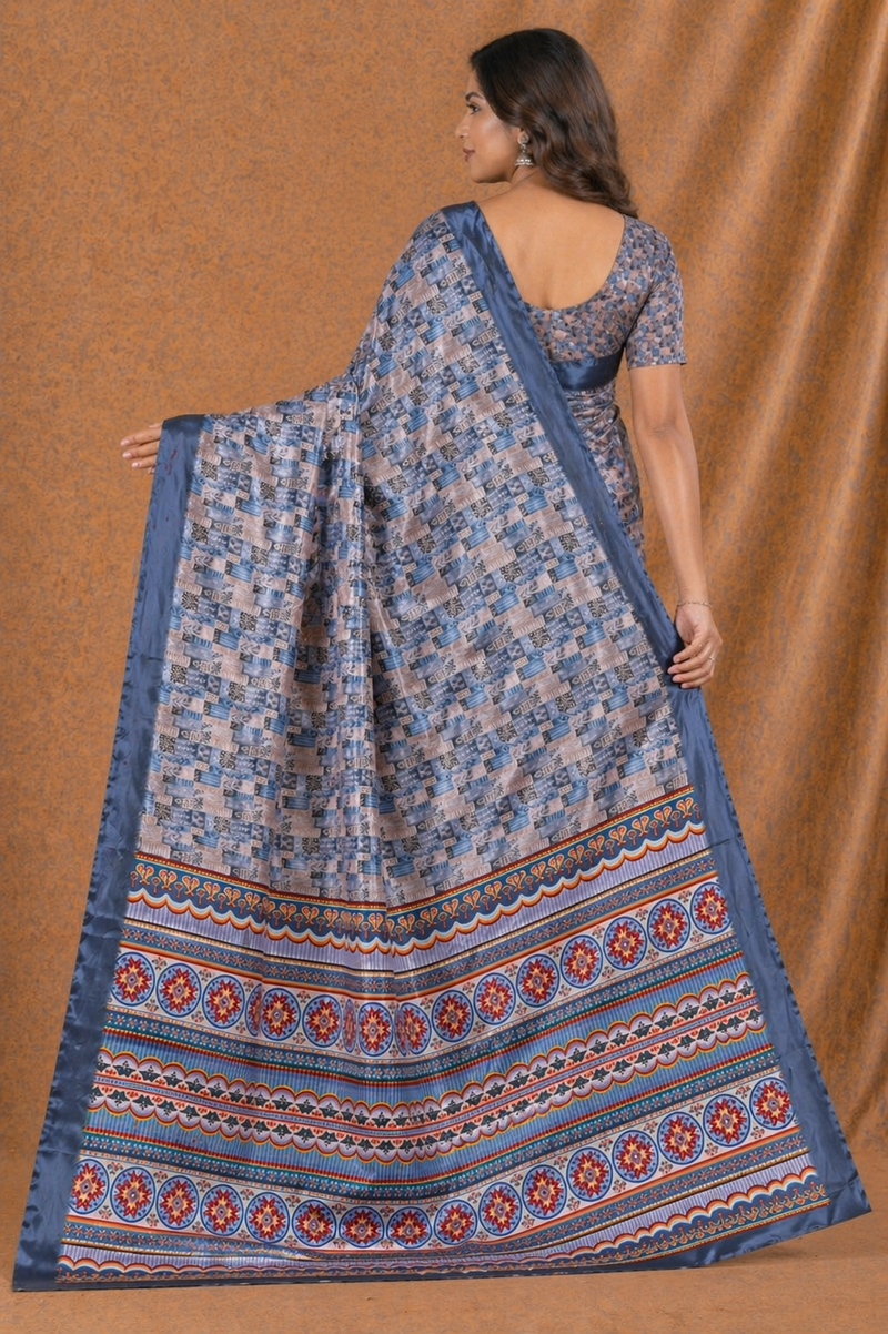 Elegant Steel Blue Printed Silk Saree With Geometric & Ethnic Border
