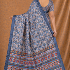 Elegant Steel Blue Printed Silk Saree With Geometric & Ethnic Border