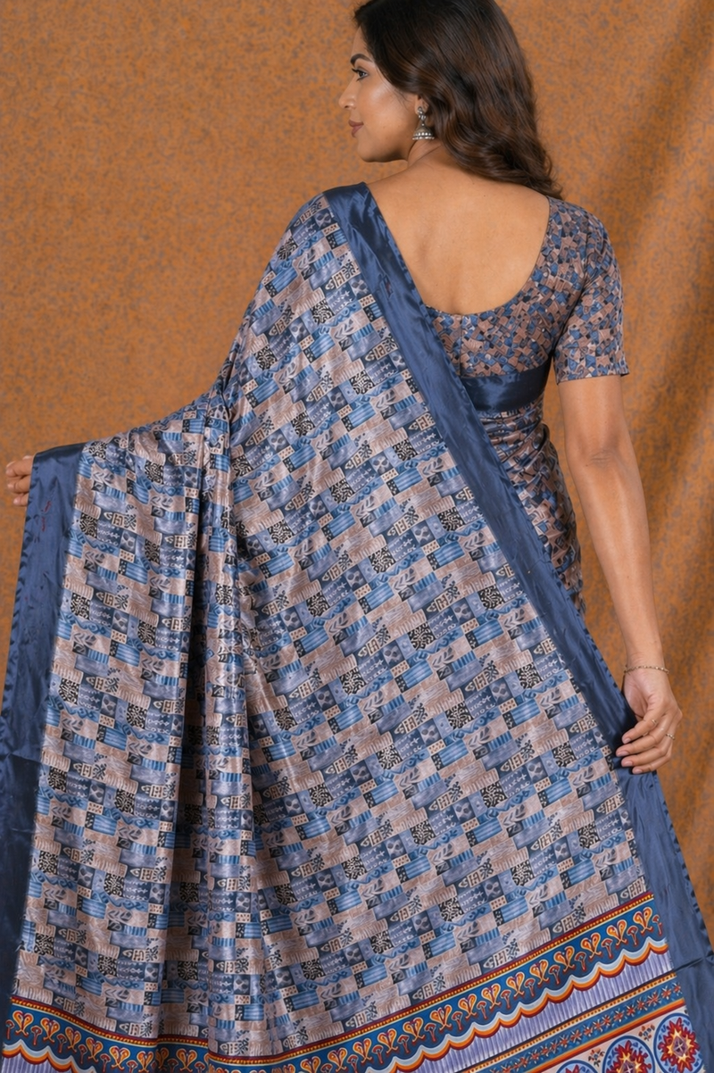 Elegant Steel Blue Printed Silk Saree With Geometric & Ethnic Border