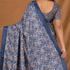 Elegant Steel Blue Printed Silk Saree With Geometric & Ethnic Border