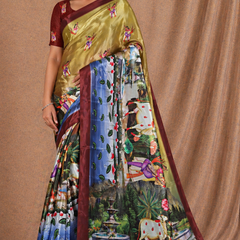 Royal Mustard Gold Silk Saree With Scenic Garden & Cultural Print