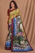 Royal Mustard Gold Silk Saree With Scenic Garden & Cultural Print