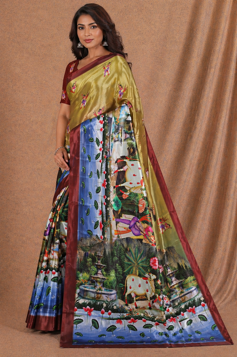 Royal Mustard Gold Silk Saree With Scenic Garden & Cultural Print