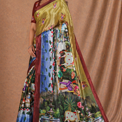 Royal Mustard Gold Silk Saree With Scenic Garden & Cultural Print