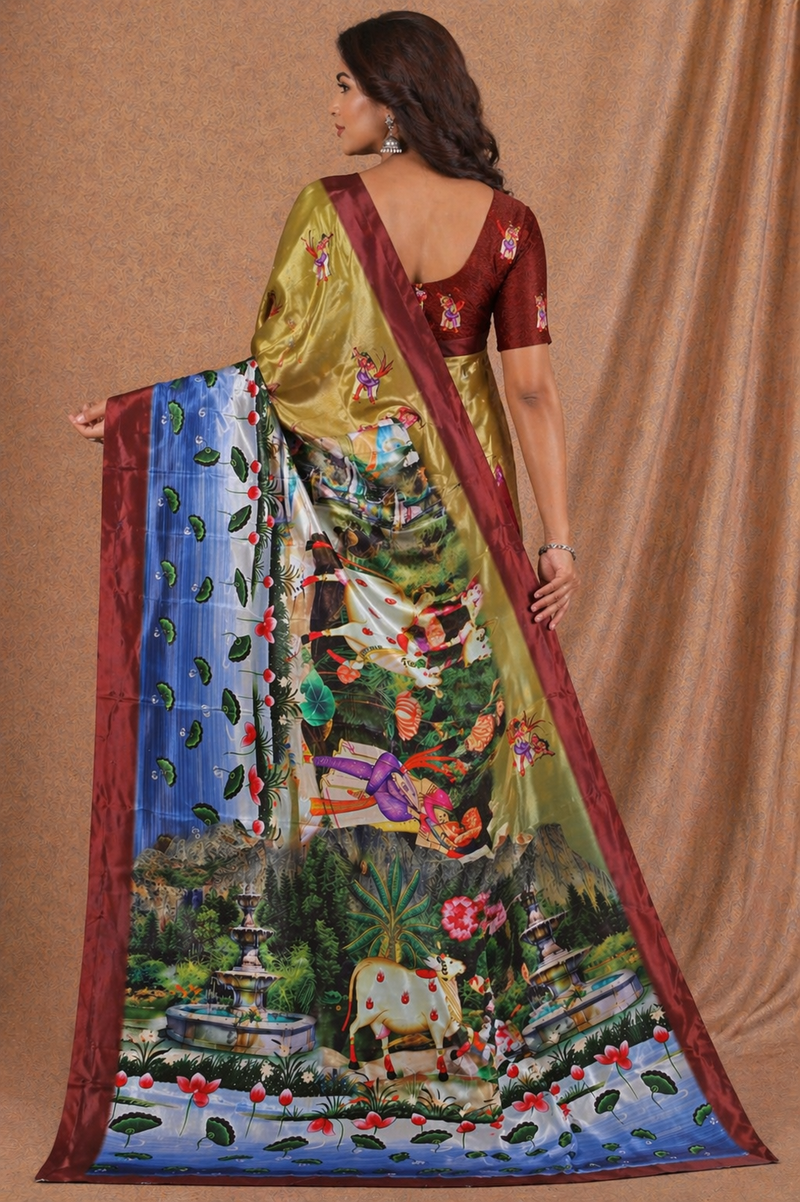 Royal Mustard Gold Silk Saree With Scenic Garden & Cultural Print