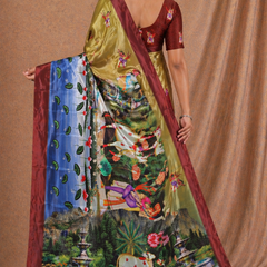 Royal Mustard Gold Silk Saree With Scenic Garden & Cultural Print