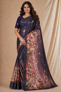 Elegant Wine Purple Silk Saree With Peacock & Floral Garden Print