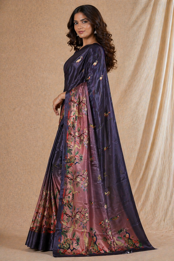 Elegant Wine Purple Silk Saree With Peacock & Floral Garden Print