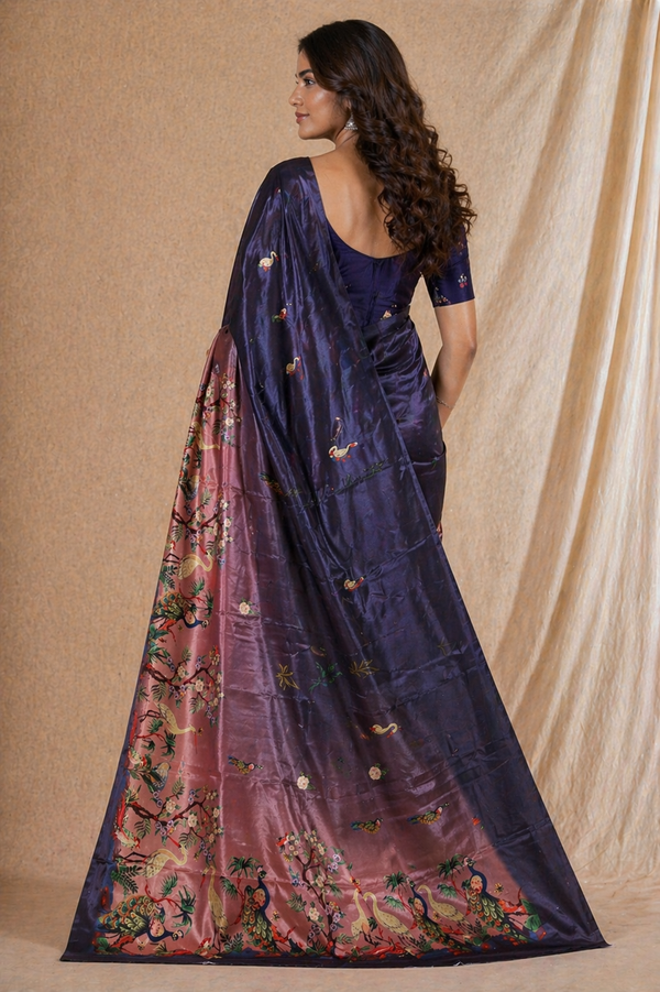Elegant Wine Purple Silk Saree With Peacock & Floral Garden Print